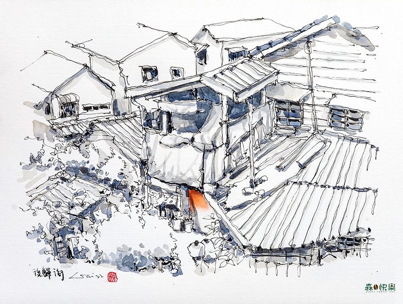 Liang Shaowei's Sketch: A Corner of Houyi Street in Chiayi Travel Sketch Pen Sketch Watercolor - Illustration, Painting & Calligraphy - Paper White