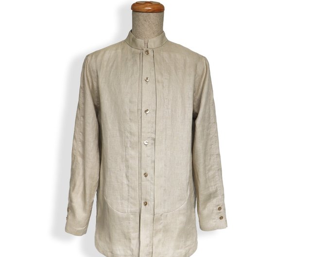 メンズ リネン スタンドカラー ダブルブレスト シャツ トップス モダン