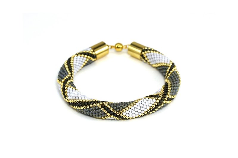 Gray Stylish Bead Crochet Bracelet Glass Beaded Bracelet Statement Jewelry - 手鍊/手環 - 琉璃 灰色