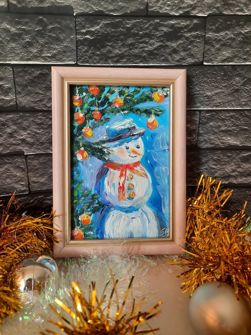 Oil painting snowman and Christmas. Christmas Gift Wrapping. Customized Gift - 海報/掛畫/掛布 - 木頭 藍色