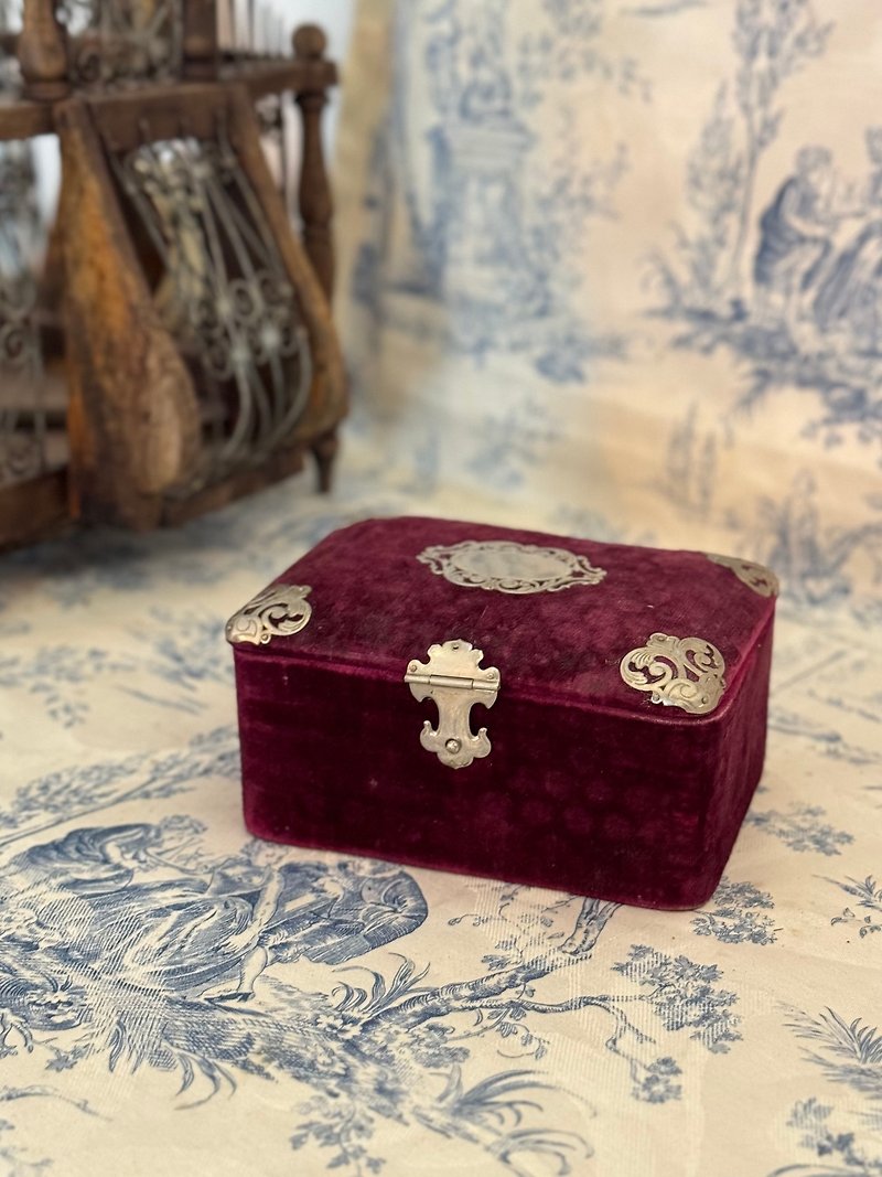 40060-French antique red velvet inlaid metal lace jewelry box - Storage - Other Materials 