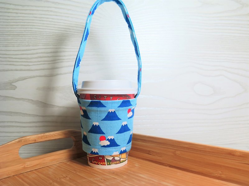 日本富士山(藍色)/環保飲料杯套.提袋."限塑政策新對策".環保胚布堅固耐用 - 飲料提袋/杯袋/杯套 - 棉．麻 藍色