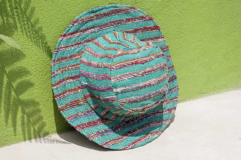 Tanabata gift limit a mosaic of hand-woven cotton saris hand-braided cap Linen Linen cotton cap / knit cap / hat / straw hat / straw hat / handmade hat / visor - green forest colorful rainbow striped cotton Linen cap - Hats & Caps - Cotton & Hemp Multicolor