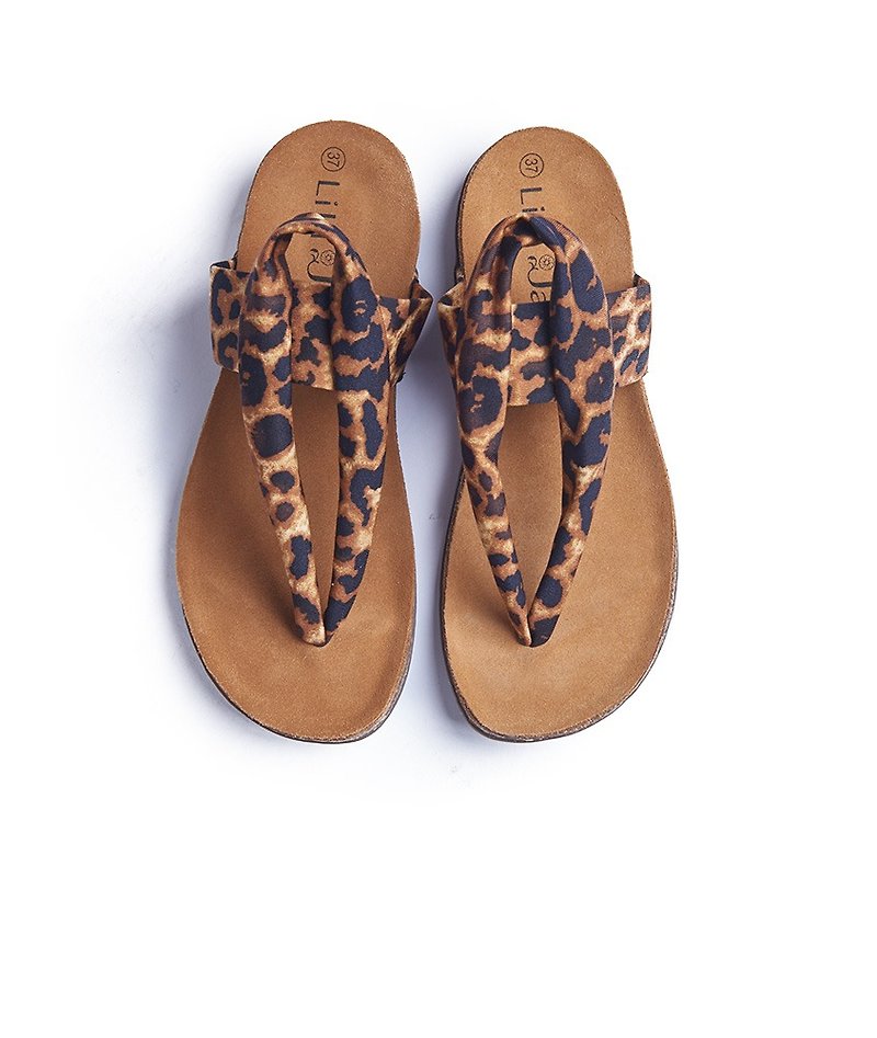 Zero Code-[Summer Travel] High-stretch Lycra Floral Cork Slippers_Leopard Print (22.5) - รองเท้ารัดส้น - หนังแท้ สีนำ้ตาล