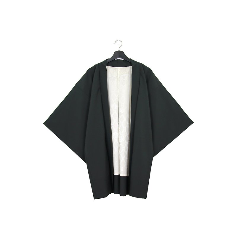 グリーンに戻る::日本は、着物を刺繍した黒い花を男女に引き継いでいます。//ヴィンテージ着物（KI-24） - ジャケット - シルク・絹 