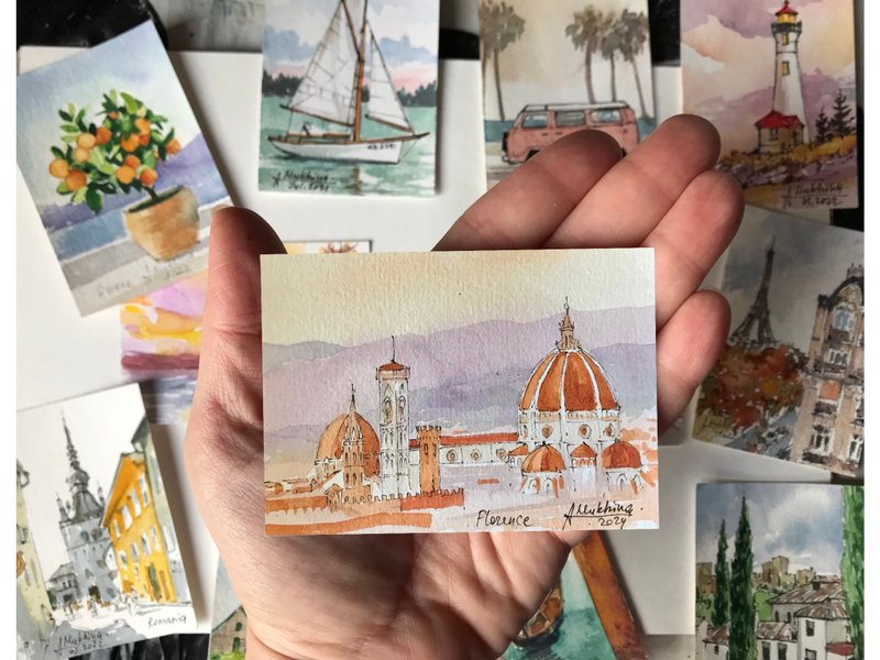 Florence ACEO miniature watercolor Hand painted artwork by AnaMuStudio - ตกแต่งผนัง - กระดาษ สีส้ม