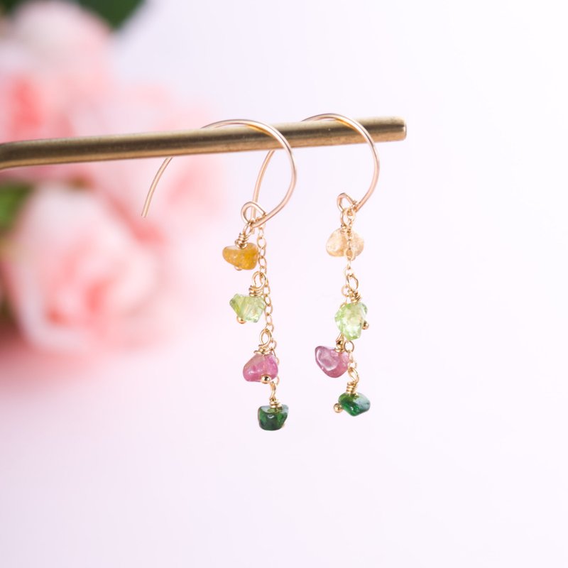 Tourmaline, 14K Gold Filled Natural Gemstone Crystal Earrings - ต่างหู - เครื่องเพชรพลอย สึชมพู