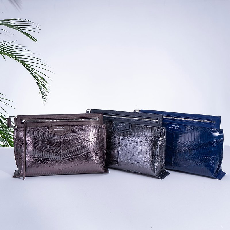 Handmade leather leather clutch bag large capacity snake skin briefcase simple handmade leather bag - กระเป๋าคลัทช์ - หนังแท้ 