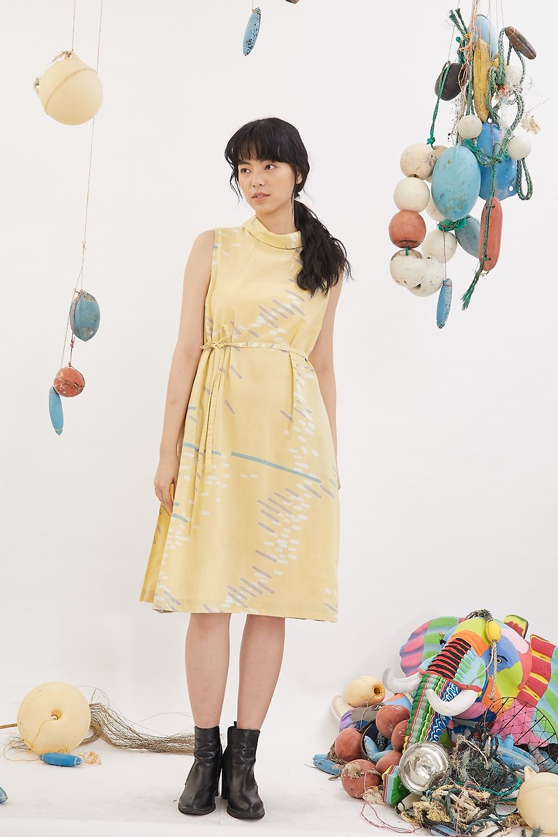 Folded collar strap dress _ butter _ fair trade - One Piece Dresses - Cotton & Hemp Yellow