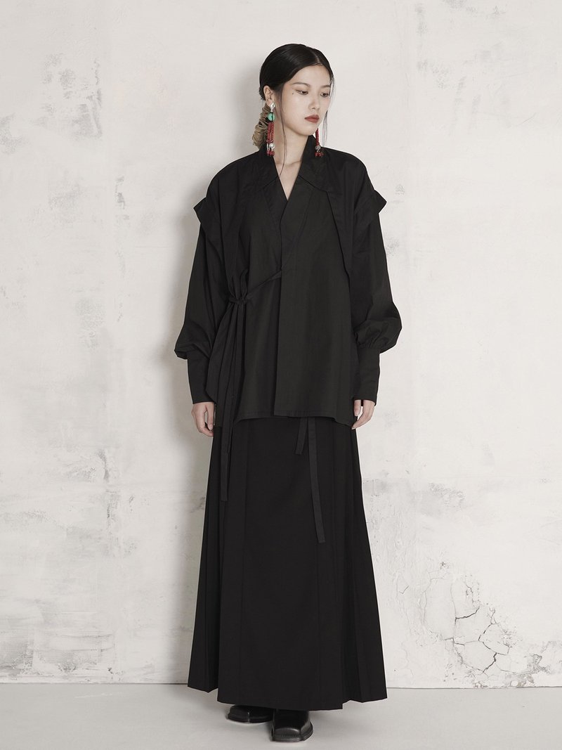 中国風クロスカラー シャツ - シャツ・ブラウス - その他の素材 ブラック