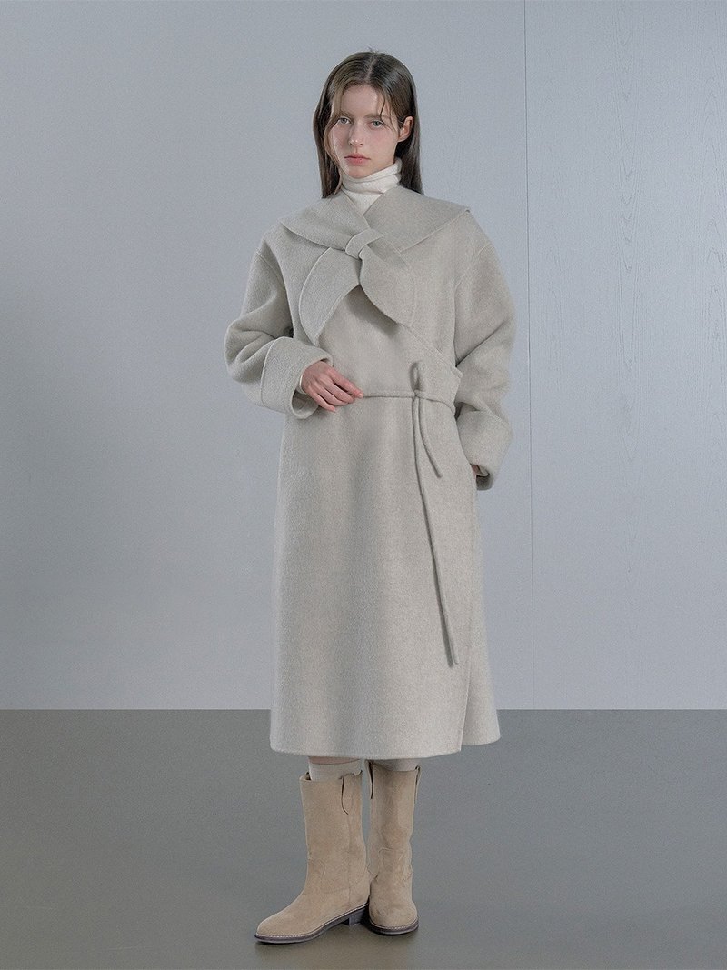 Wrap-style wool handmade long coat + muffler set - Oatmeal/Khaki - เสื้อแจ็คเก็ต - วัสดุอื่นๆ สีกากี