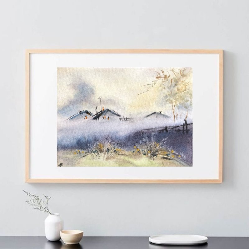 Fog in the village original watercolour painting landscape wall art - 壁貼/牆壁裝飾 - 紙 多色