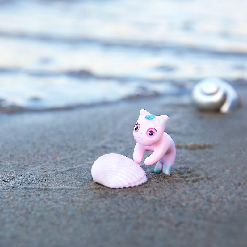 Pink Mermaid Kitty - Jewel Sea Shell - Polymer Clay Earrings - 耳環/耳夾 - 黏土 粉紅色