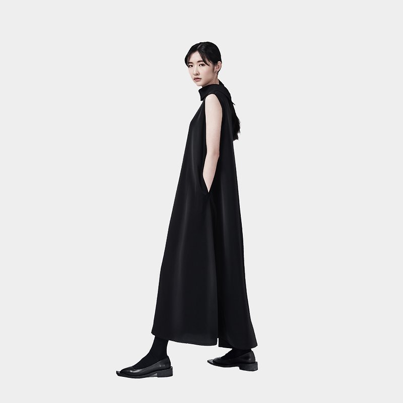 TRAN - lapel long loose dress - One Piece Dresses - Other Materials Black