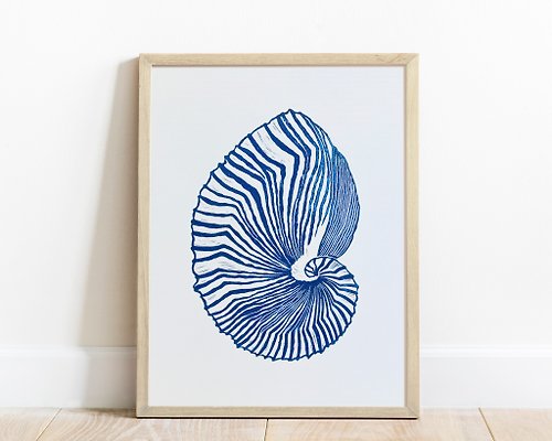 daashart Blue sea shell art Original artwork linocut print Nautical wall decor UNFRAMED