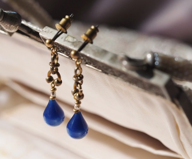 Limited Dark blue water drop antique resin earrings changeable