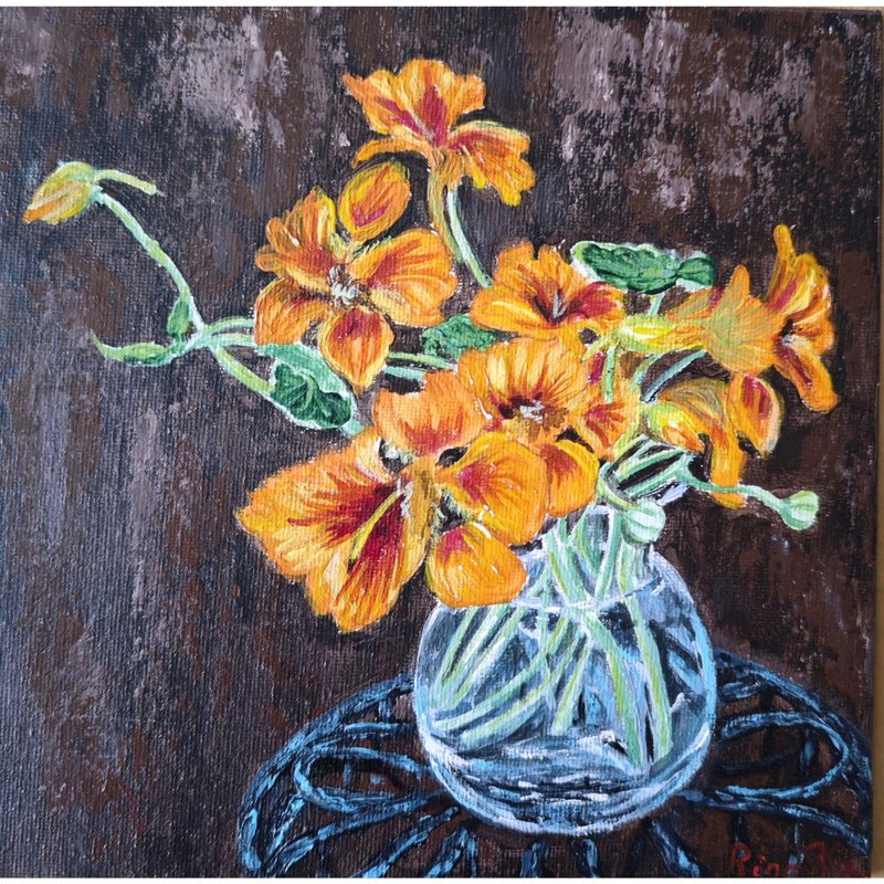 旱金蓮花束插在花瓶裡 原創花卉藝術手繪 由 RinaArtSK 創作 - 壁貼/牆壁裝飾 - 其他材質 多色