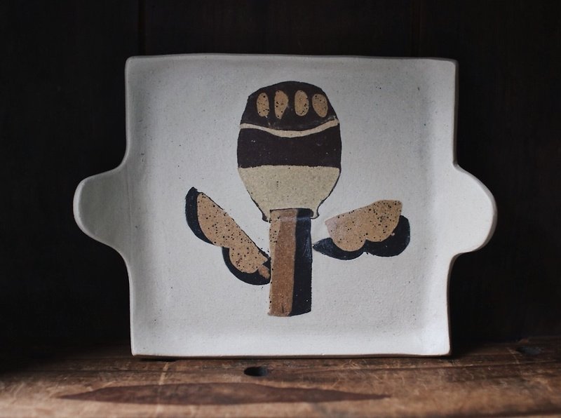 YUYAO creation pottery tray _ handle plate B - Plates & Trays - Pottery Khaki