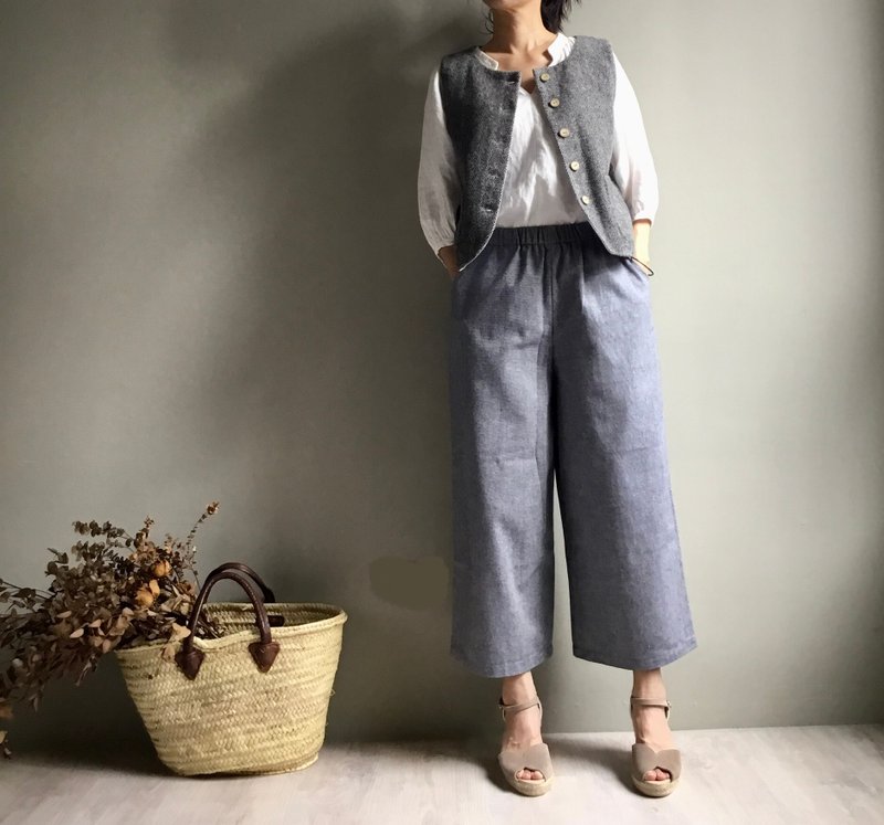 Kyoto Longstay/ Denim yarn-dyed pure cotton blended wool Lunku/9 points wide pants - กางเกงขายาว - ผ้าฝ้าย/ผ้าลินิน 