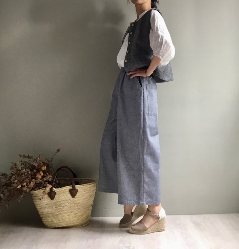 Kyoto Longstay/ Denim yarn-dyed pure cotton blended wool Lunku/9 points wide pants - กางเกงขายาว - ผ้าฝ้าย/ผ้าลินิน 