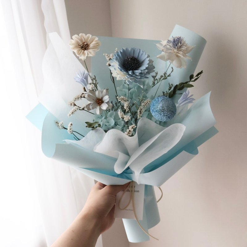 畢業熊花束  冰河藍太陽花花束 向日葵 生日 週年 畢業禮物 - 乾燥花/永生花 - 植物．花 多色