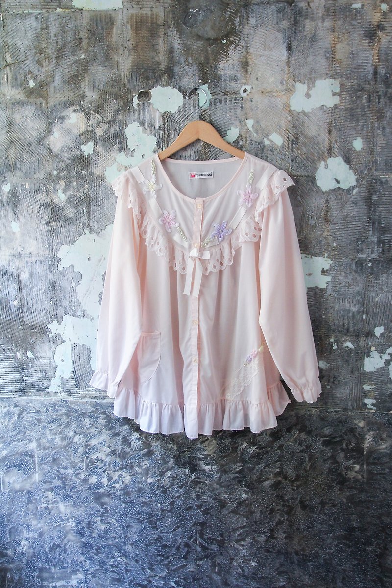 袅袅 department store-Vintage pink delicate three-dimensional lotus leaf pajamas blouse retro - เสื้อผู้หญิง - ผ้าฝ้าย/ผ้าลินิน 