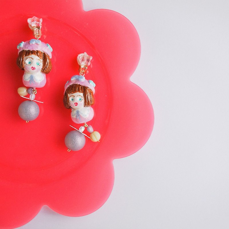 Clay earrings pink pearl girl earrings Clip-On