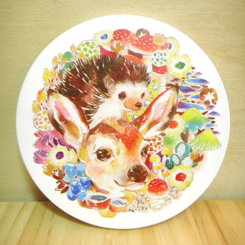 Hedgehog & Deer Ceramic Water Cup Coaster - Coasters - Pottery Multicolor