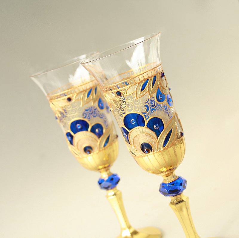 Royal Blue Gold Wedding Glasses Wine Champagne, Hand Painted set of 2