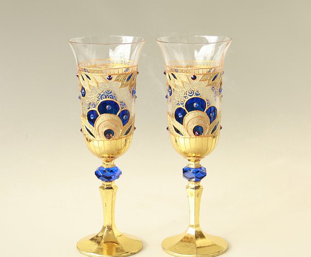 Blue Flowers Wine Glasses, Swarovski Crystals Hand-paintedsetof 2 - Shop  NeA Glass Bar Glasses & Drinkware - Pinkoi