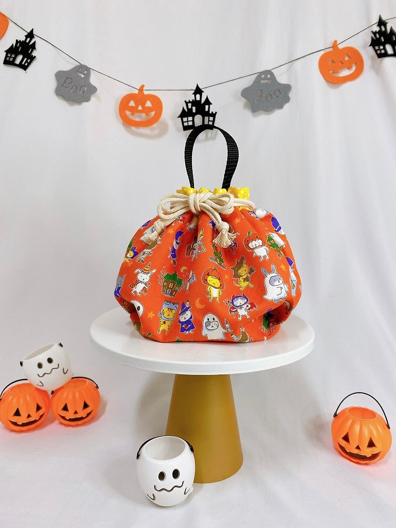 Pre-Order Halloween Series - Cat and Bunny Costumes Octagonal Handle Drawstring Pocket - Drawstring Bags - Cotton & Hemp Orange