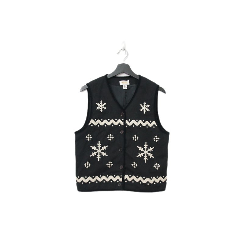 Back to Green-復古毛料背心 黑底 雪花 v-24/sweater vest - 背心/無袖上衣 - 羊毛 
