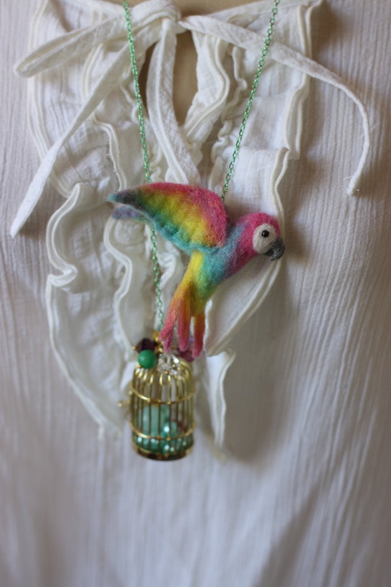 This Rainbow Parrot Bird Cage Necklace is only available for immediate bidding. - Necklaces - Wool Multicolor