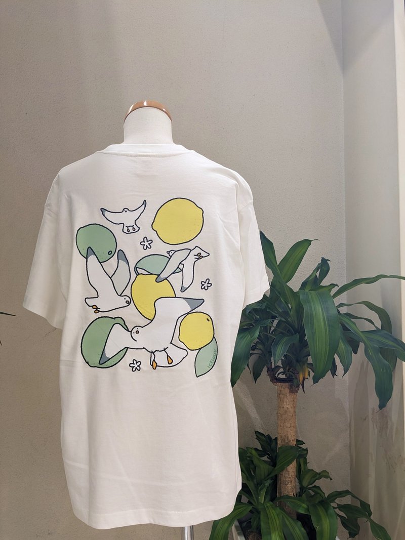 オーガニックコットンTシャツ Sea gull like lemons and rimes - 女 T 恤 - 棉．麻 白色