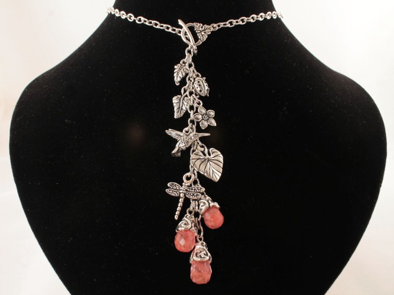 Silver Multi Charm Choker Cherry Quartz Pink Stone Boho Toggle Necklace Jewelry - 項鍊 - 其他材質 粉紅色