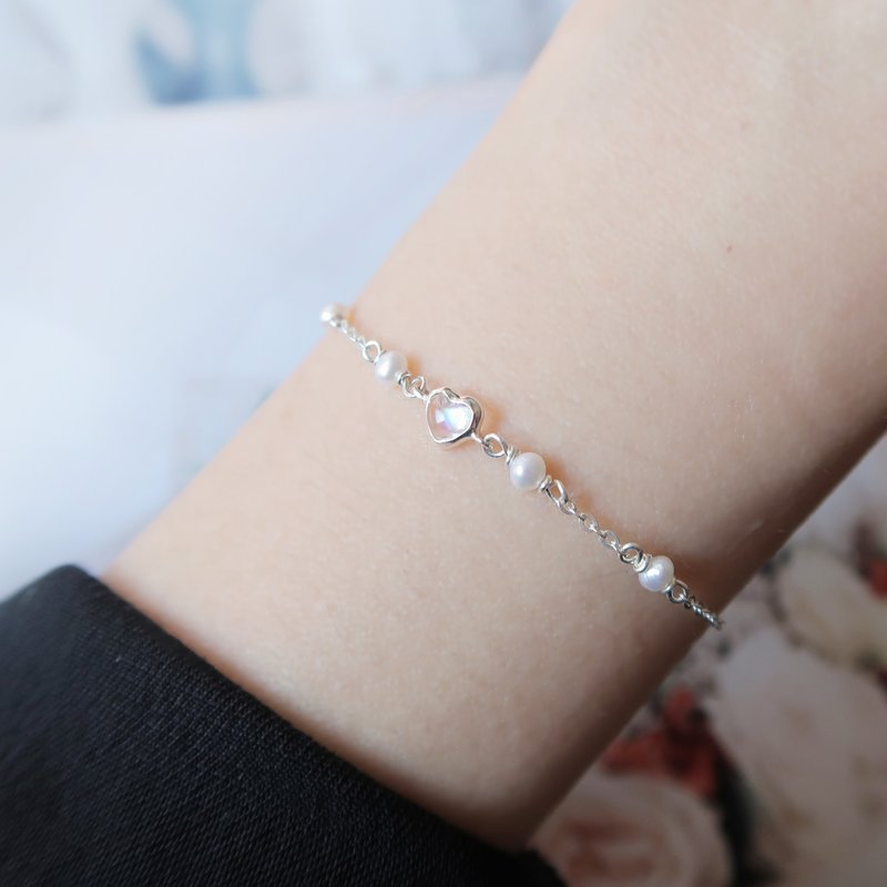 925 Sterling Silver Sweetheart Moonstone Freshwater Pearl Customized Engraving Bracelet Free Gift Packaging - สร้อยข้อมือ - เงินแท้ ขาว