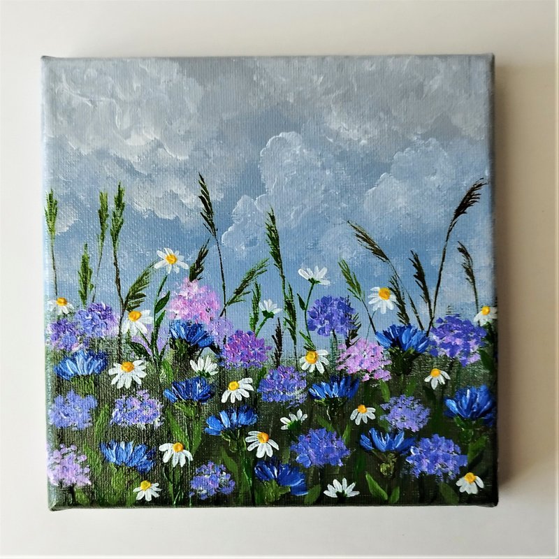 Wildflowers Acrylic Painting: A Field of Daisies Landscape Wall Art - 壁貼/牆壁裝飾 - 壓克力 多色