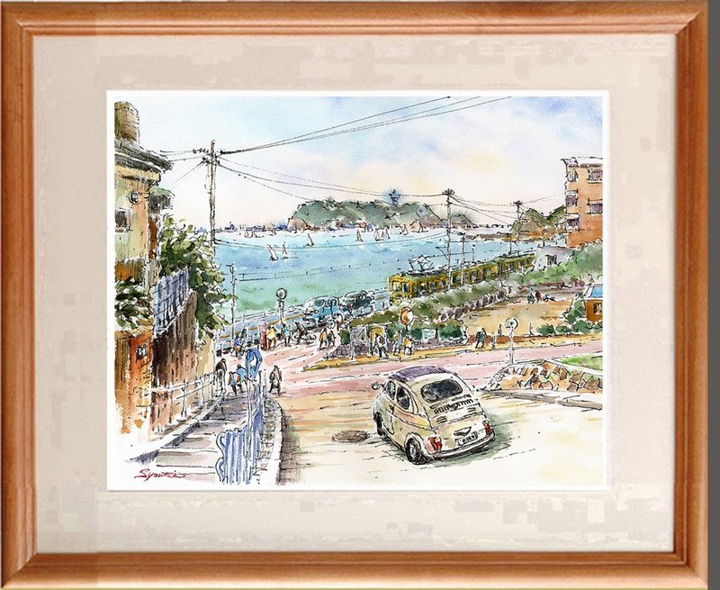 受注制作します　水彩画原画　江の島と鎌高前踏切風景 - 海報/掛畫/掛布 - 紙 藍色