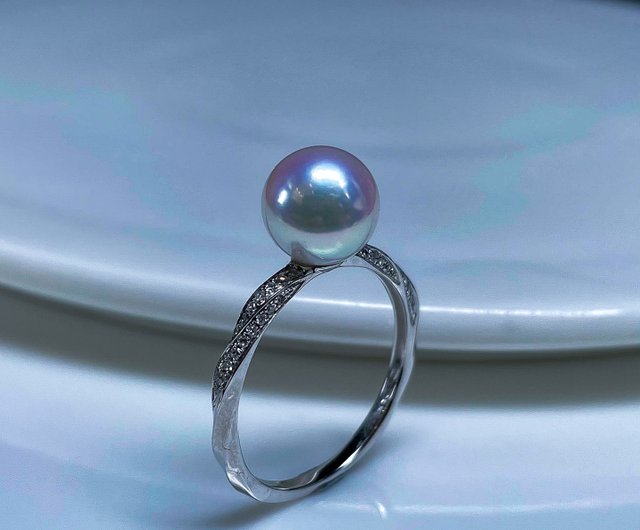 旋光Akoya海水珍珠日本珍珠天然珍珠真珠天然鑽石18K白K金戒指75