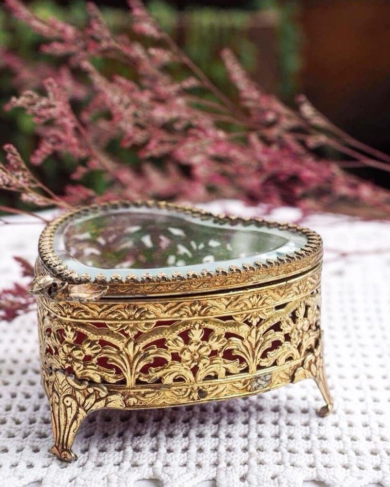 Heart-shaped antique mirror jewelry box / jewelry box (JS) - ของวางตกแต่ง - โลหะ สีทอง