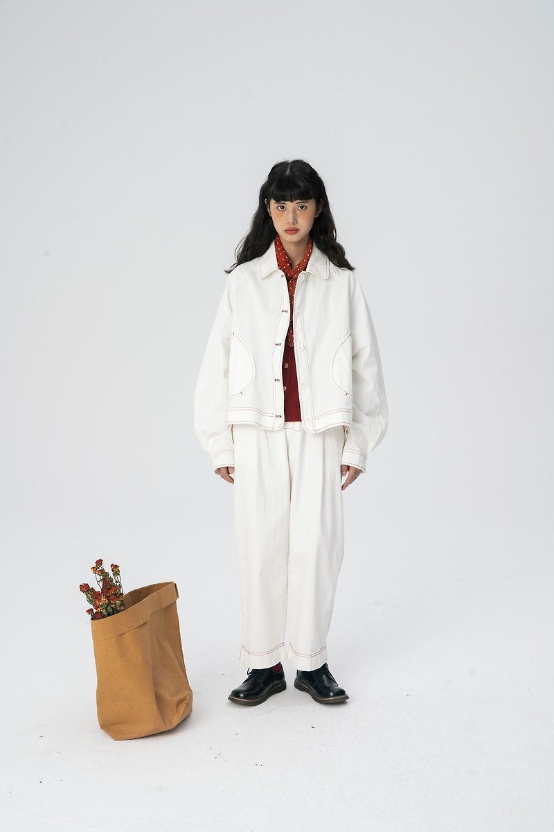 odd maker 白色壓紅線原創新款設計感上衣外套直筒褲套裝 - 女裝 上衣 - 棉．麻 