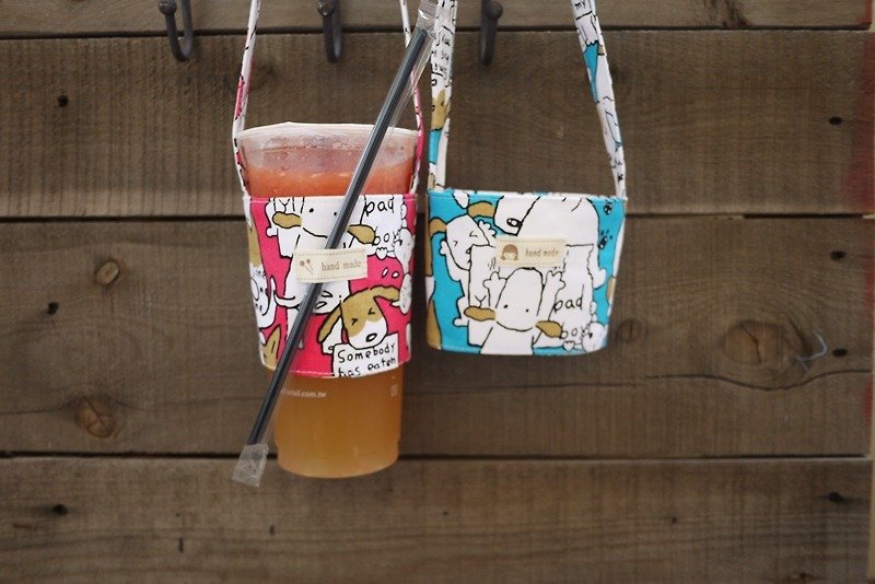 Peach Red Bean Dog Drink Cup Bag - ถุงใส่กระติกนำ้ - ผ้าฝ้าย/ผ้าลินิน 