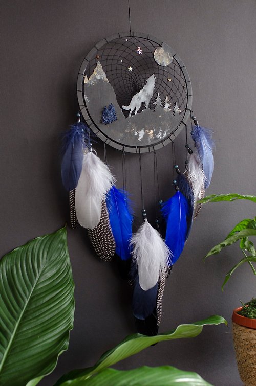 VIDADREAMS Black Wolf Dream Catcher with Sapphire Blue Feathers | Lunar Wolf Howl Celestial
