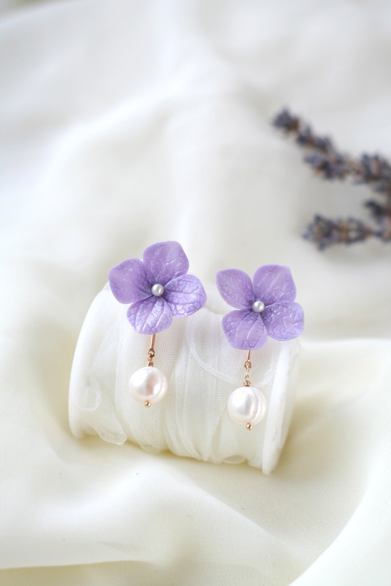 Lavender earrings, Hydrangea earrings, Floral earrings, Flower clip on - Earrings & Clip-ons - Clay Purple