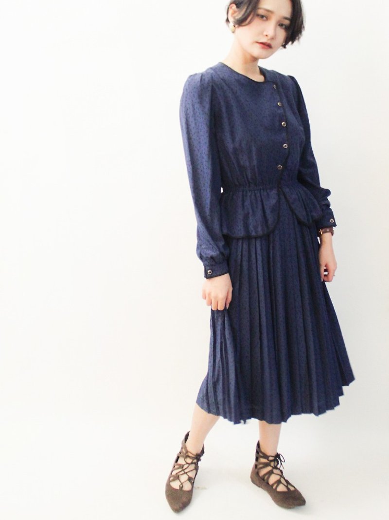 復古春夏日本製典雅大人感低調點點深藍色長袖古著洋裝 - 連身裙 - 聚酯纖維 藍色