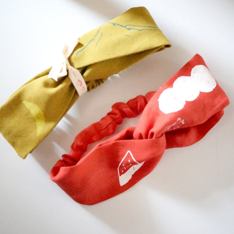 Mustard Green Moon, Mountain / Watermelon Red Dog Comfortable Handmade Silk Printed Hairband