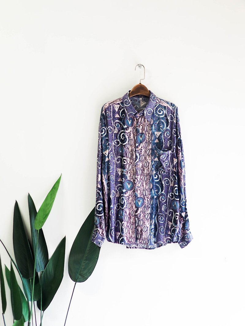 Colorful purple powder blue brush color linear long autumn time antique shirt blouse shirt shirt vintage - Women's Shirts - Cotton & Hemp Purple