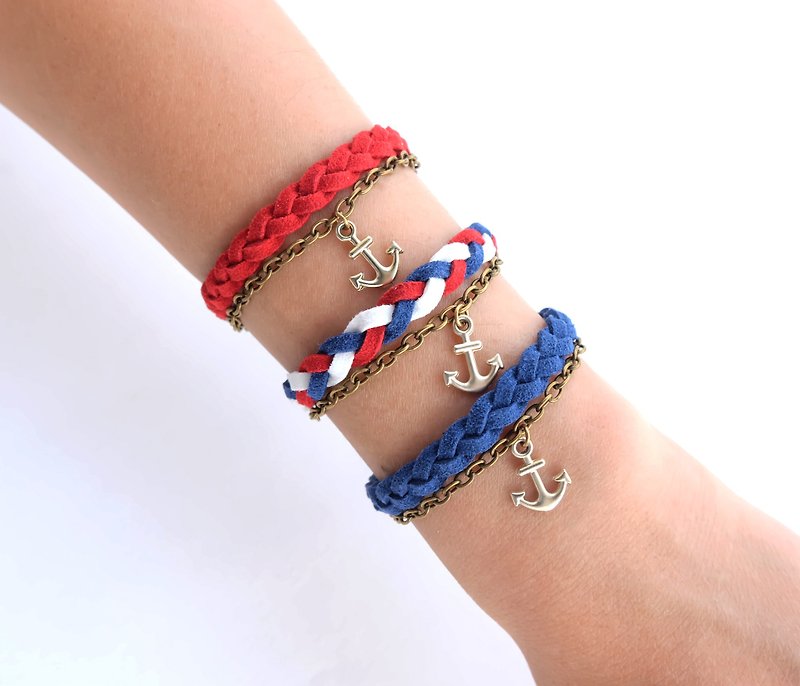 Suede cord braided bracelet with chain and anchor charm / available in 3 colors - สร้อยข้อมือ - วัสดุอื่นๆ หลากหลายสี