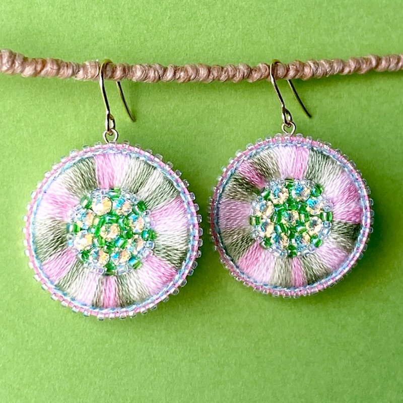 Embroidered fireworks earrings with peony and hypoallergenic metal fittings - Earrings & Clip-ons - Thread Multicolor
