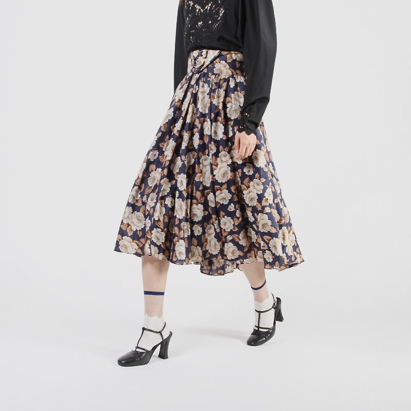 [Egg plant vintage] Damascus printed hemp high waist vintage round skirt - กระโปรง - ผ้าฝ้าย/ผ้าลินิน 